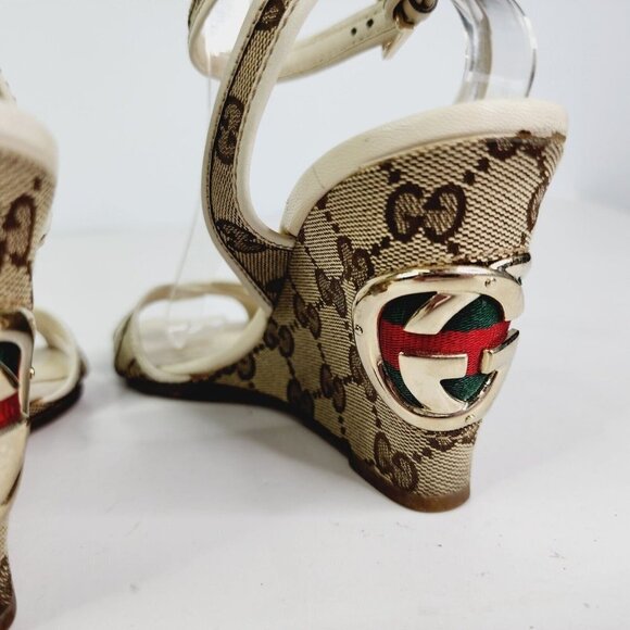 GUCCI Beige GG Canvas Monogram Cross Strap Wedge Ankle Strap Sandal Size 6.5 B - Picture 8 of 16
